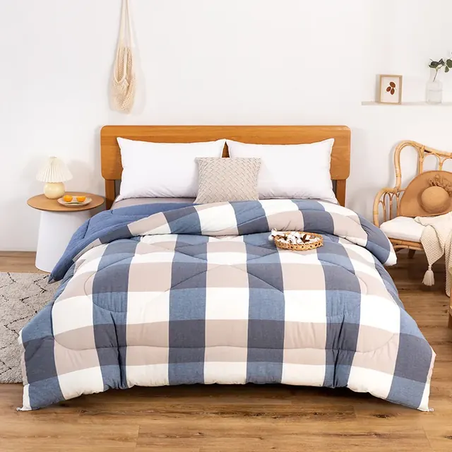 Warehouse Yarn-Dyed Dark Blue Grid Style Cotton Quilt Duvet by FNH