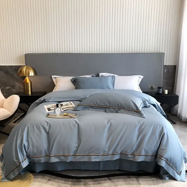 Luxurious Gray Embroidery Twin Cotton Fabric Hospitality Bedding Set by FNH