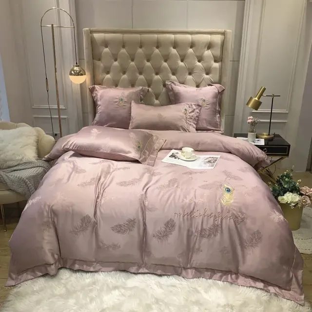 Traditional Jacquard 100% Cotton Feather Embroidered Light Bean Bedding Set by FNH