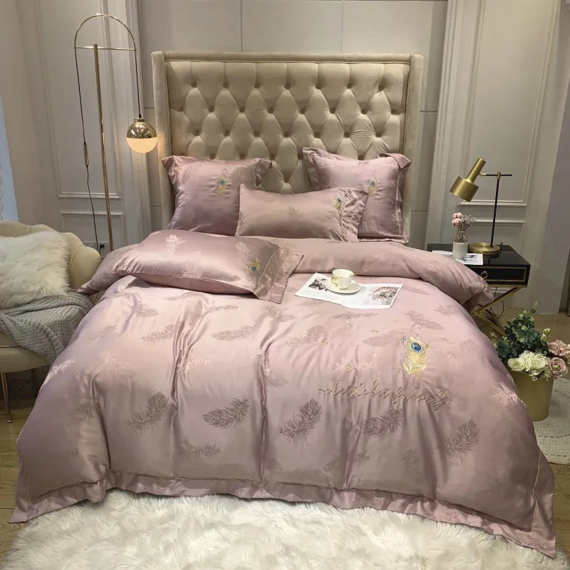 Traditional Jacquard 100% Cotton Feather Embroidered Light Bean Bedding Set by FNH