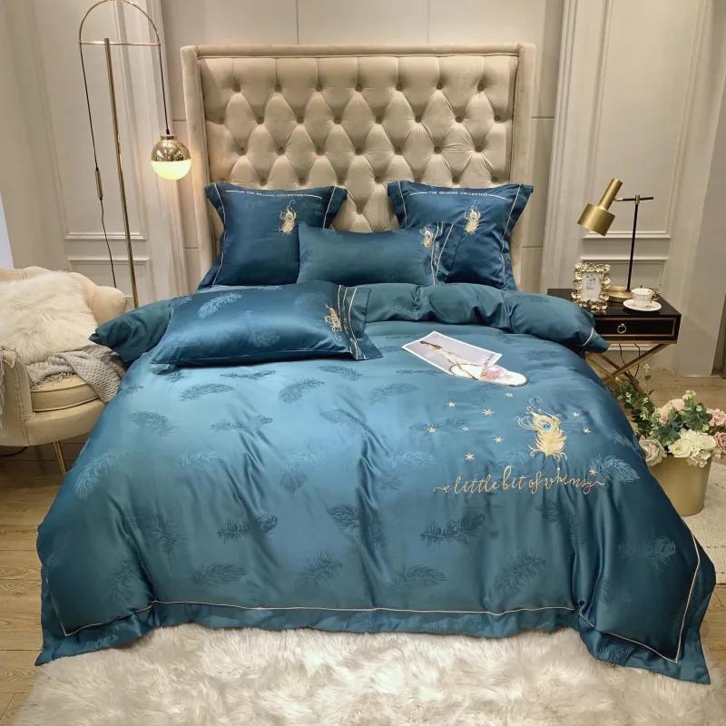 Modern, Contemporary Jacquard 100% Cotton Feather Embroidered Dark Bedding Set by FNH