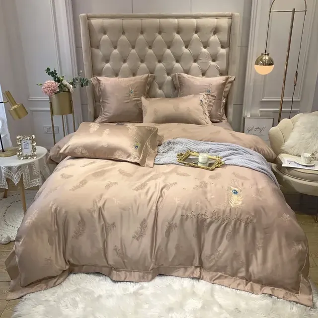 Warehouse Jacquard 100% Cotton Feather Embroidered Brown Bedding Set by FNH