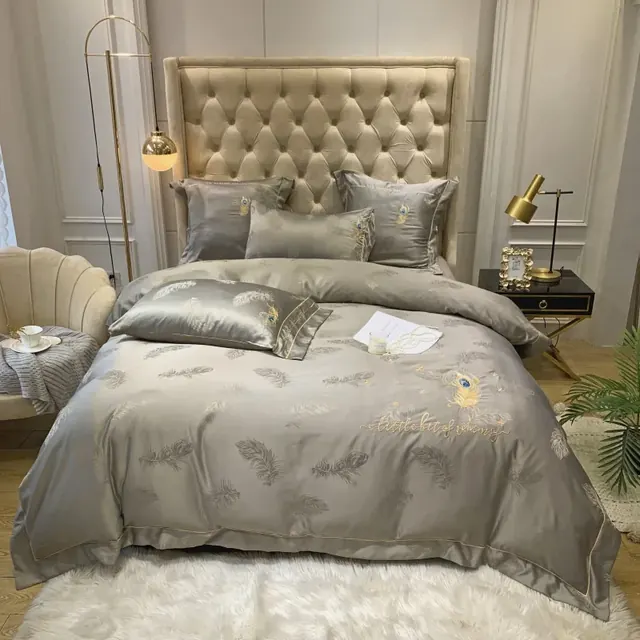 Jacquard 100% Cotton Feather Embroidered Gray Bedding Set by FNH