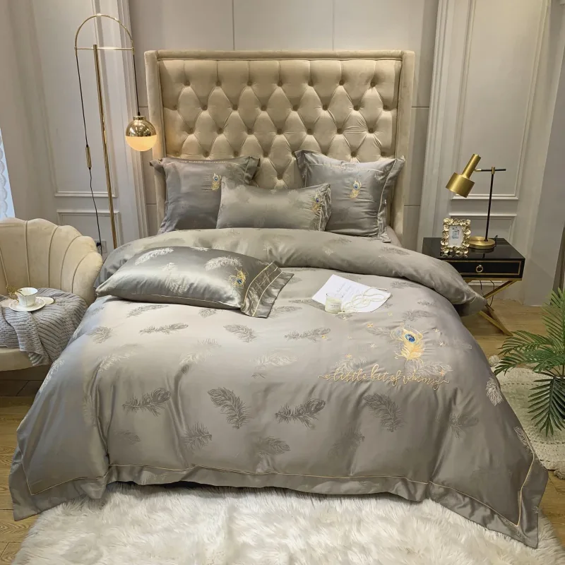 Jacquard 100% Cotton Feather Embroidered Gray Bedding Set by FNH
