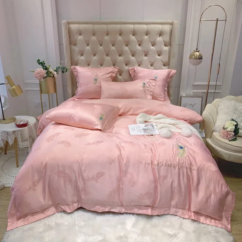 Wedding Sets Jacquard 100% Cotton Feather Embroidered Pink Bedding Set by FNH