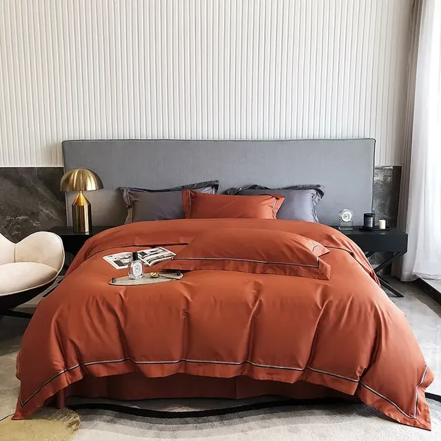 The Brick Red Embroidery King Cotton Fabric Hospitality Bedding Set by FNH