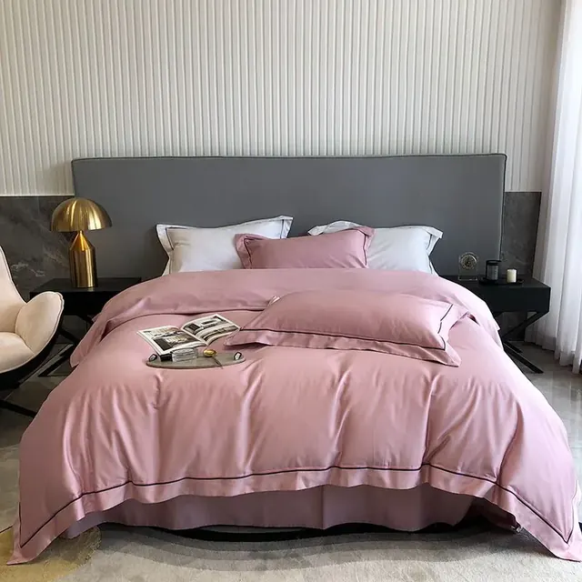 Mass Production Pink Embroidery Queen Cotton Fabric Hospitality Bedding Set by FNH
