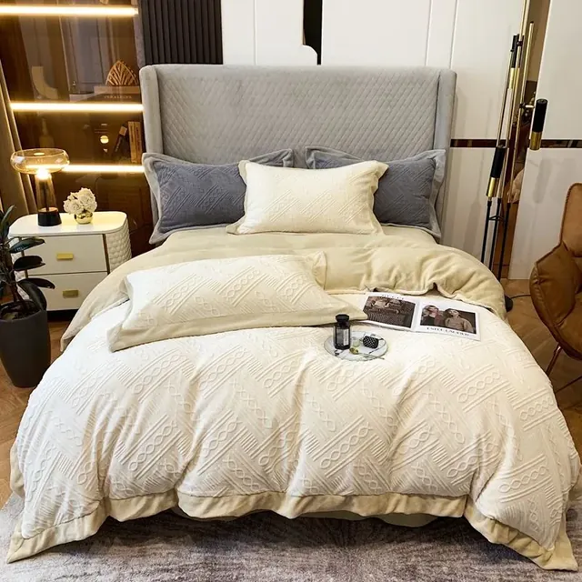 Inspiration Creative Design Beige Color 3D Craving Flannel Bedding Bedding Set by FNH