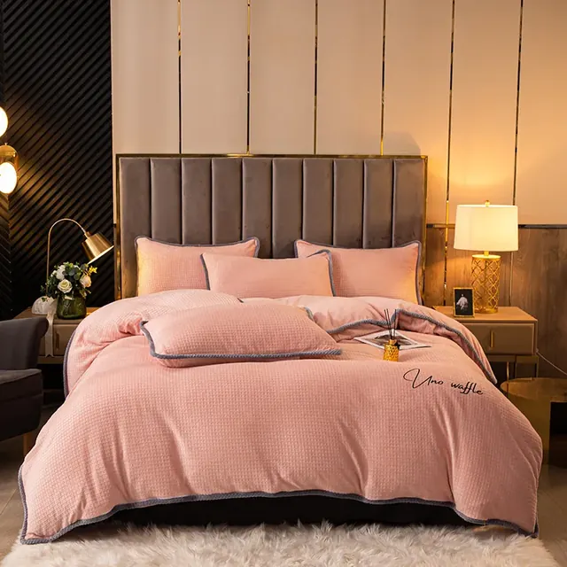Modern Style Shallow Jade Pink Soft Waffle Comfortable Bedding Duvet Cover Set by FNH