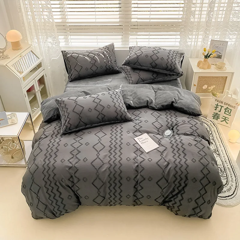 Cotton Chenille Fabric Tufted Jacquard 4 Piece Quilt Duvet Cover Bedding Set by FNH