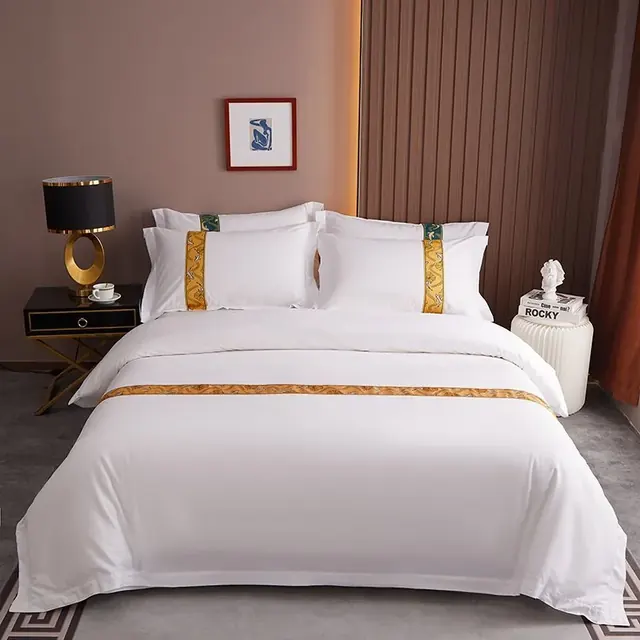 100% Cotton Sateen Fabric Silk Ribbon Hotel Linen Bed Sheets by FNH