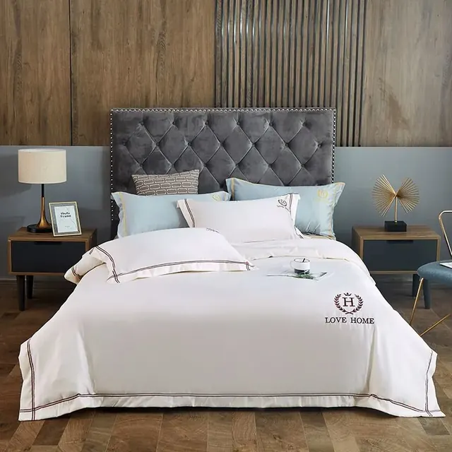 Embroidered White Hotel Bedding Double Bed Sheet by FNH