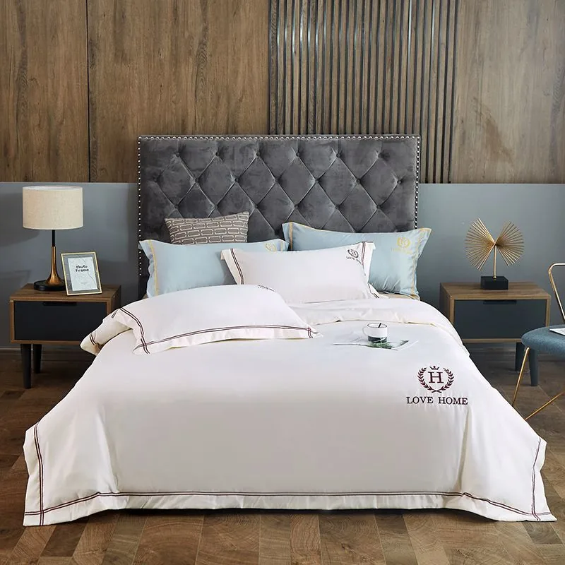 Embroidered White Hotel Bedding Double Bed Sheet by FNH