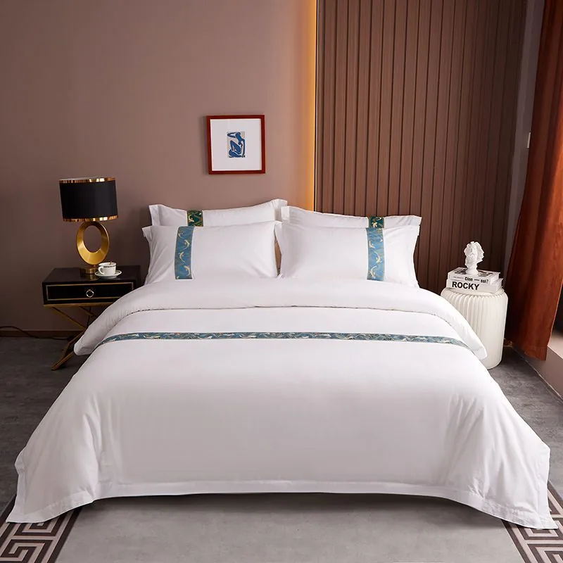 Detail White Ribbon Style 100% Cotton King Size Inn Hotel Bedding Set by FNH