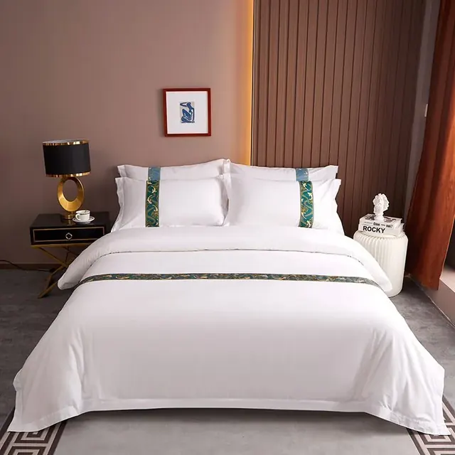 Classic White Ribbon Queen Size 100% Cotton Hotel Motel Bedding Set by FNH