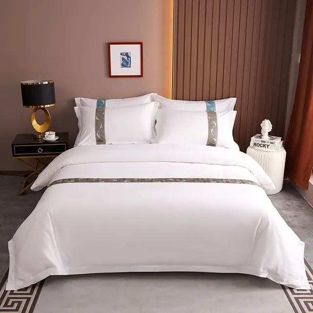 White Ribbon Queen Size 100% Cotton Hotel Bedding Set by FNH