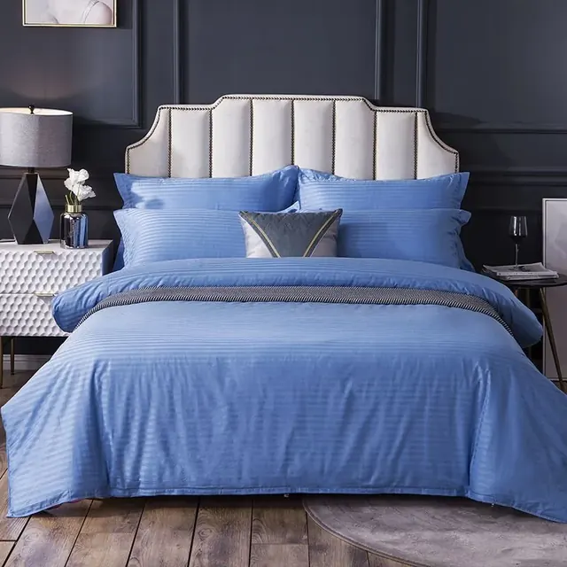 Texture 100% Cotton 1 cm Stripe Blue Motel Hotel Bed Linen Bedding Set by FNH