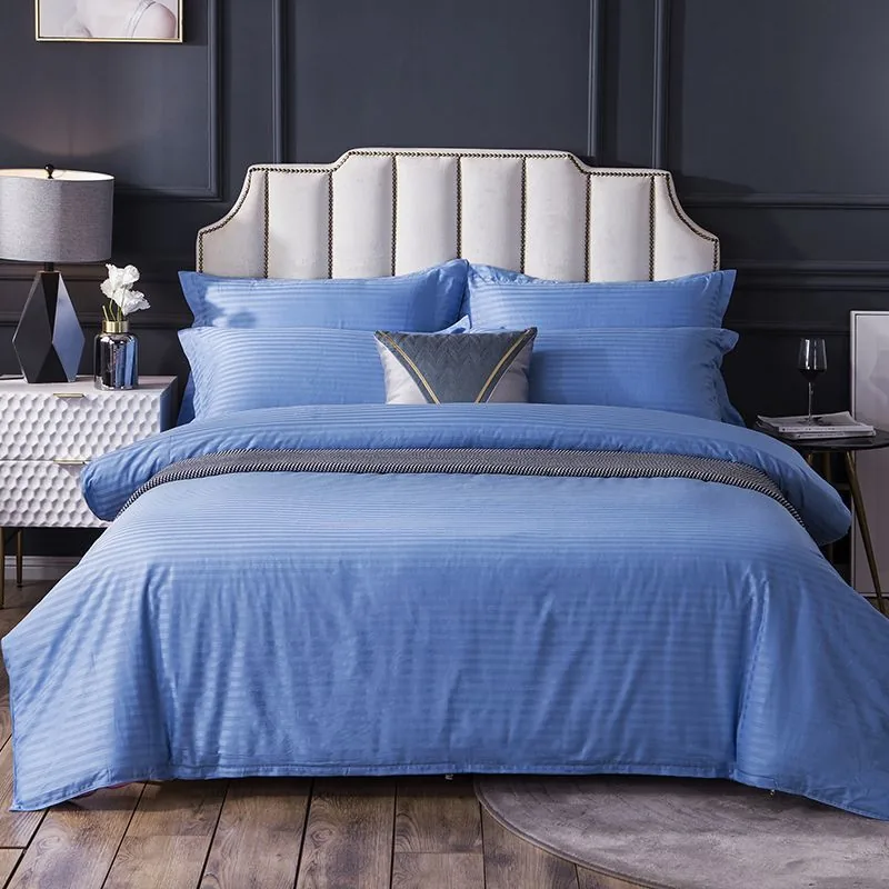Texture 100% Cotton 1 cm Stripe Blue Motel Hotel Bed Linen Bedding Set by FNH