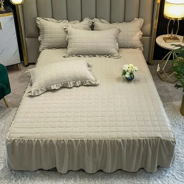 Popular Design King Size Khaki Stitch Bed Skirt Mattress Protector by FNH